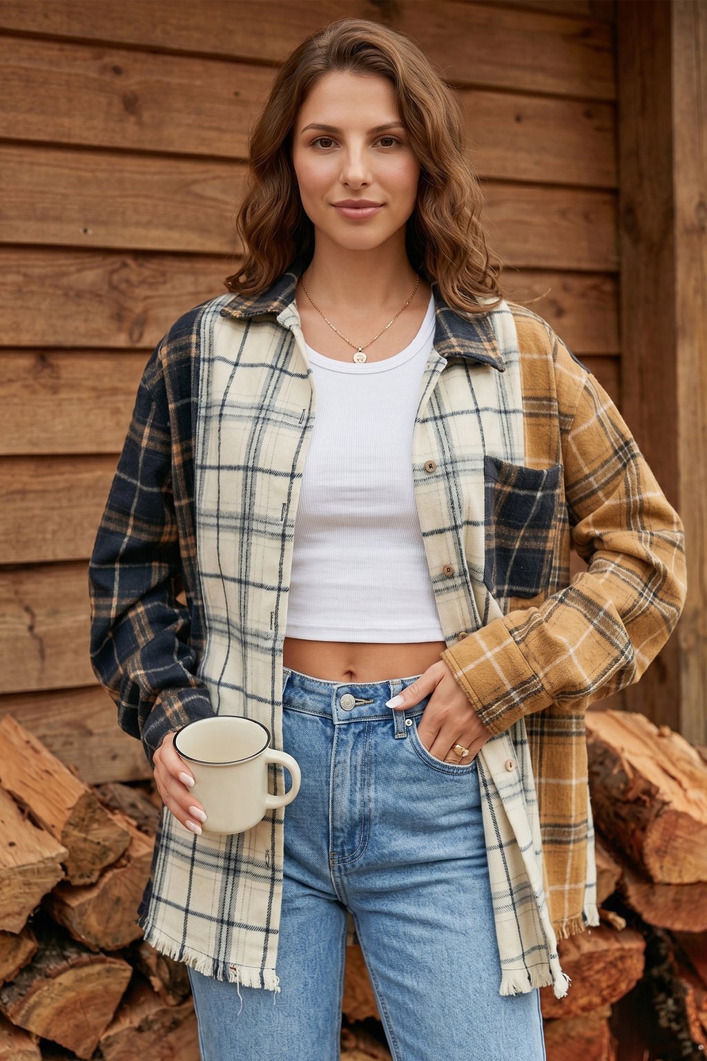 Multicolour Plaid Button-Up Long Sleeve Shift Silhouette Shacket