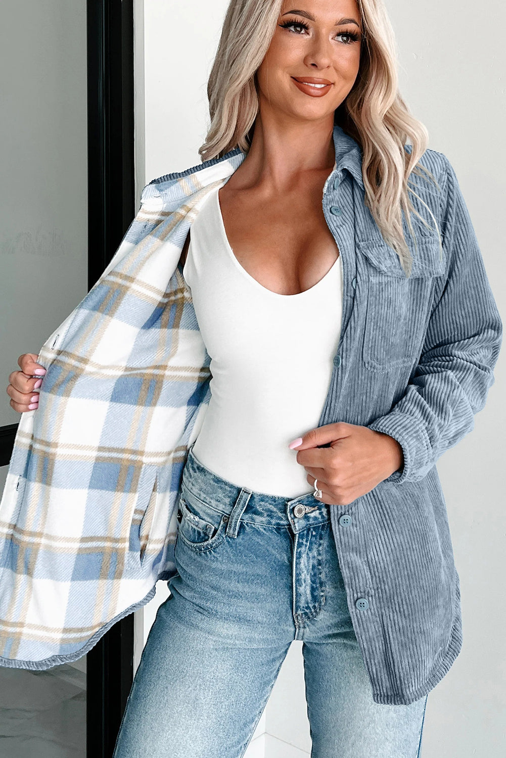 Stone Blue Plaid Corduroy Reversible Button Up Shacket